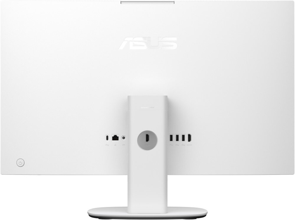 Komputer All in One ASUS V470VAT-WPF064W Tył obudowy z podstawą, widoczne są gniazda i porty umieszczone w rzędzie oraz logo producenta na środku