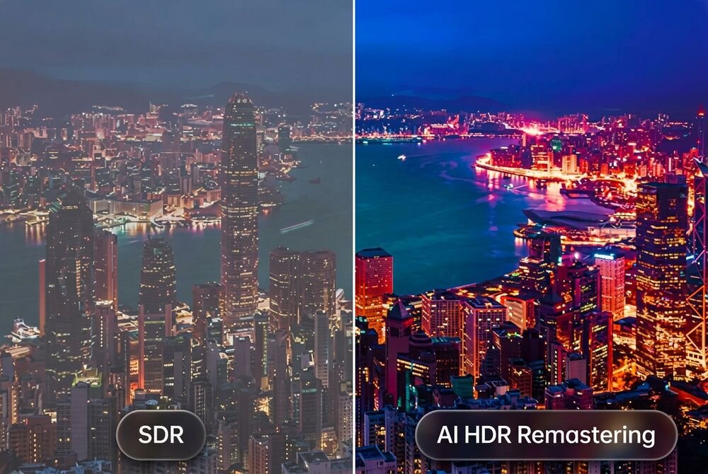 LG OLED83W69LA Technologia AI HDR Remastering treści SDR materiałów HDR HDR Porównanie widoku nocnej panoramy miasta przed i po zastosowaniu technologii remasteringu obrazu HDR