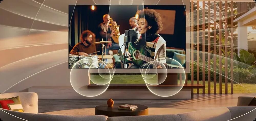 LG OLED83W69LA 4K 165 Hz, VRR, NVIDIA G-SYNC AMD FreeSync Premium wysoką częstotliwością Niska latencja wejściowa Ekran w salonie wyświetlający koncert muzyczny z nakładanymi falami ilustrującymi przestrzenne rozchodzenie się dźwięku.
