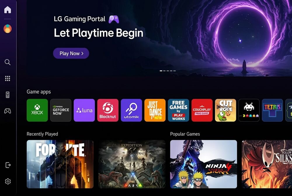 LG OLED83W69LA LG Gaming Portal tysięcy tytułów NVIDIA GeForce NOW aplikacjach webOS. Game Dashboard Game Optimizer Interfejs multimedialnego menu do gier z kafelkami aplikacji, skrótami do popularnych tytułów oraz panelem nawigacyjnym.