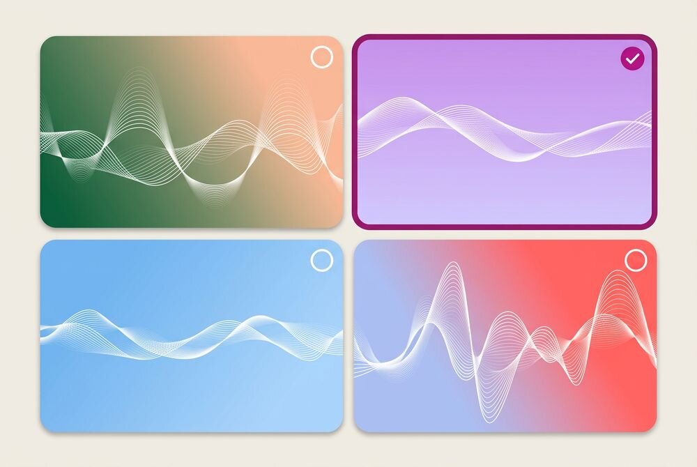 LG OLED83W69LA Funkcja AI Sound Wizard spersonalizowany profil dźwiękowy AI Picture Wizard indywidualny profil ustawień Cztery kafelki z abstrakcyjnymi liniami falowymi, z których jeden panel został zaznaczony znacznikiem wyboru.