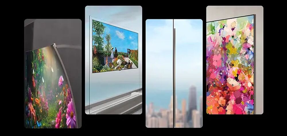 LG OLED83W69LA Konstrukcja Flush Fit montażu ekranu bardzo blisko ściany Smukły ekran OLED evo Cztery ujęcia prezentujące smukłą konstrukcję, przezroczystość oraz delikatne ramki nowoczesnego wyświetlacza