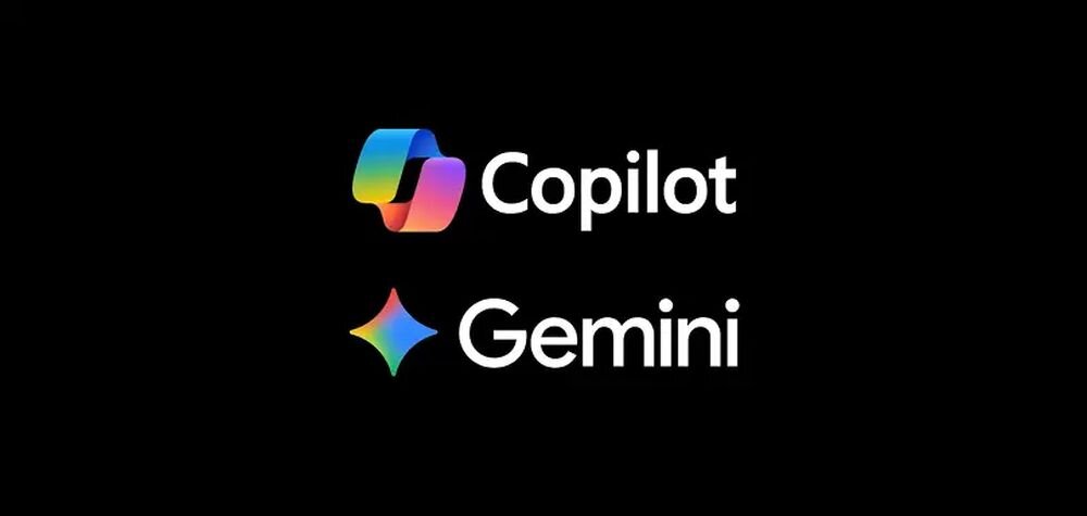 LG OLED83W69LA Pakiet AI TV funkcje Multi AI Search, AI Concierge, AI Chatbot, AI Picture Wizard oraz AI Sound Wizard. sztuczną inteligencję Google Gemini i Microsoft Copilot Dwa logotypy inteligentnych asystentów cyfrowych umieszczone na ciemnym tle.