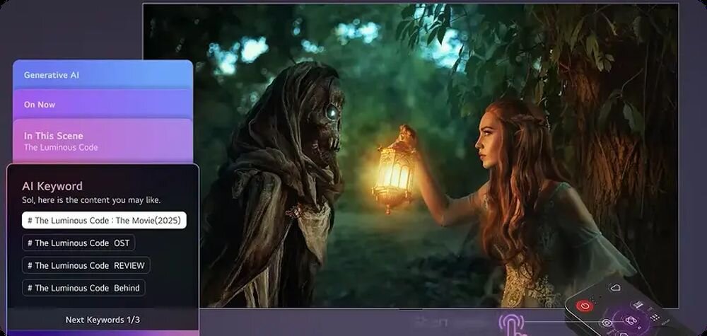 LG OLED83W69LA Multi AI Search różnych modeli sztucznej inteligencji AI Concierge funkcja In This Scene Generatywna AI Ekran z kadrem filmu fantasy z otwartym bocznym menu rekomendacji i słów kluczowych generowanych przez sztuczną inteligencję.