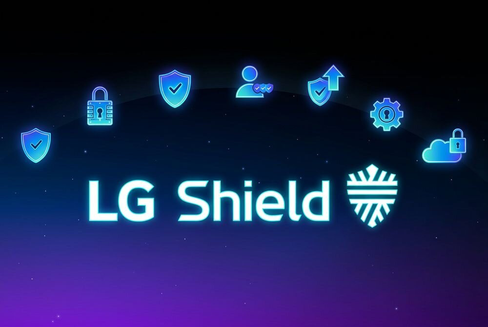 LG OLED83W69LA Technologia LG Shield zabezpieczenia przed przepięciami, wilgocią i wyładowaniami System webOS szyfrowanie danych, bezpieczne przechowywanie informacji i wielowarstwowe zabezpieczenia Napis z symbolem tarczy w otoczeniu świecących ikon związanych z bezpieczeństwem i ochroną danych.