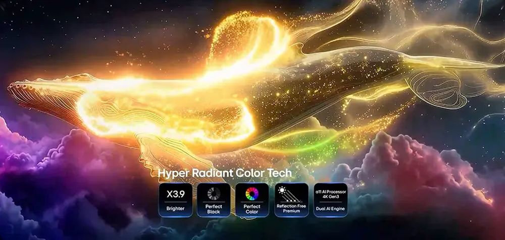 LG OLED83W69LA Technologia Hyper Radiant Color Tech poprawę jasności, kolorów i kontrastu obrazu matrycą OLED evo Świecąca postać wieloryba na tle kosmicznych chmur z ikonami opisującymi zaawansowane parametry wyświetlacza.