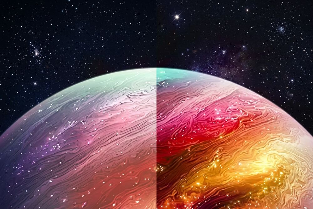 LG OLED83W69LA Perfect Black Perfect Color technologii OLED Samoświecące piksele Porównanie jakości wyświetlania planety w kosmosie dzielące widok na matowy oraz wyrazisty i nasycony.