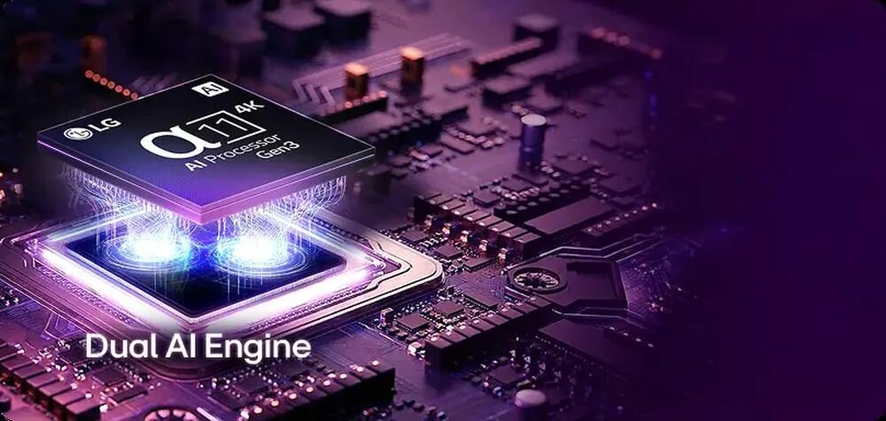 LG OLED83W69LA odpowiada α11 AI Processor 4K Gen3 technologią Dual AI Engine analizy obrazu skalowania do rozdzielczości 4K Układ scalony procesora ze świecącymi elementami zamontowany na płycie głównej z widocznymi ścieżkami.