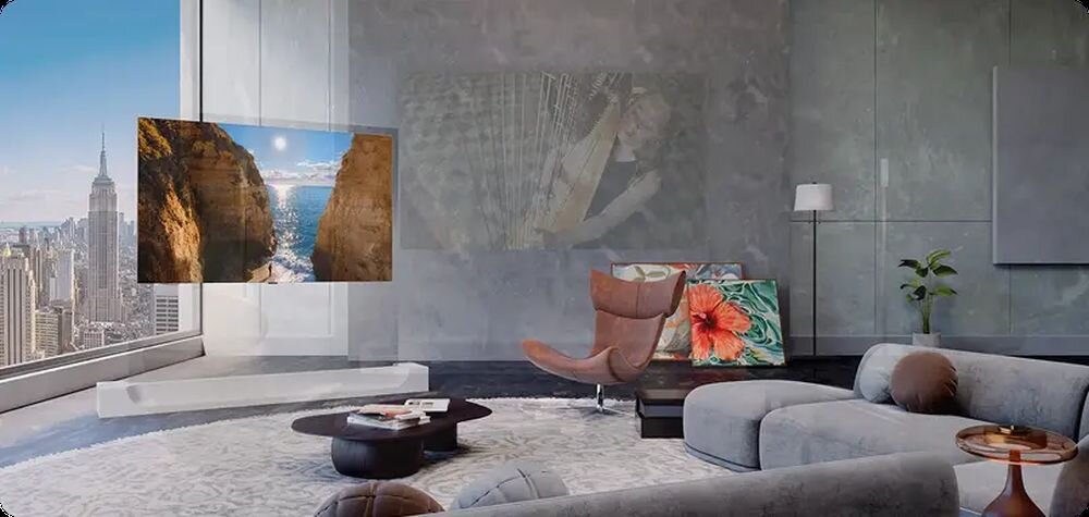 LG OLED77W69LA NVIDIA GeForce NOW rozgrywkę w 4K 120 Hz HDR architektury NVIDIA Blackwell i GeForce RTX 5080 Wyświetlacz w przestronnym pokoju ukazujący nadmorski krajobraz oraz nakładany motyw z postacią grającą na instrumentach.