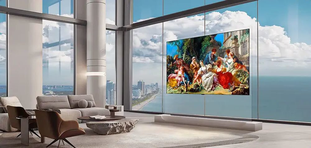 LG OLED77W69LA Technologia True Wireless bezprzewodowe przesyłanie obrazu i dźwięku ekranem a Zero Connect Box bez konieczności prowadzenia przewodów Zero Connect Box do 10 m Przestronny salon z widokiem na ocean oraz przezroczysty ekran wyświetlający klasyczne malarstwo w ogrodzie.