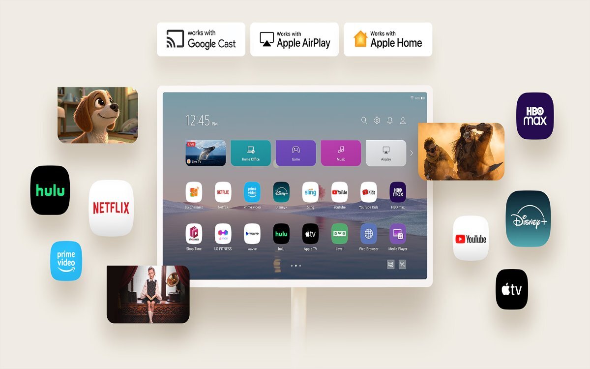 Telewizor LG na jasnym tle, obok urządzenia widoczne są logo różnych serwisów streamingowych.
