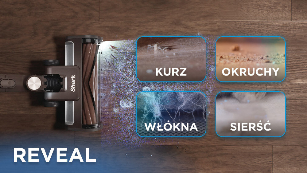 Odkurzacz pionowy SHARK PowerDetect Speed IA3246EUTIV Bezprzewodowy podłoga różne rodzaje brudu Technologia Reveal precyzyjną niebieską wiązkę światła Podświetlenie ujawnia dotąd niewidoczne pyłki, drobinki oraz sierść