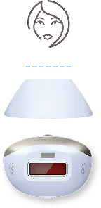 Obraz przedstawia depilator z białą nasadką i wyświetlaczem na obudowie. Nad urządzeniem znajduje się stylizowana grafika twarzy oraz logo \'PHILIPS\'.