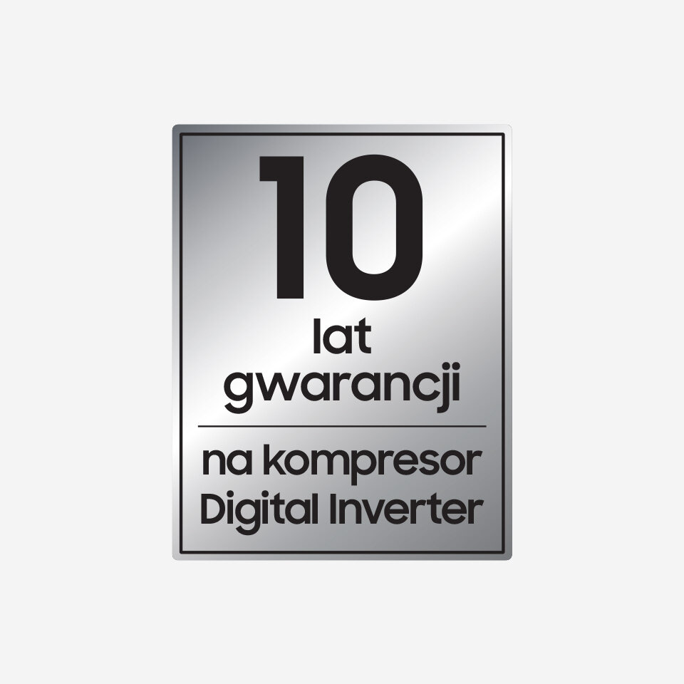 Lodówka Samsung RB34C7B5CAP ma kompresor z 10-letnią gwarancją Obraz przedstawia srebrną plakietkę z napisem: \'10 lat gwarancji na kompresor Digital Inverter\'.