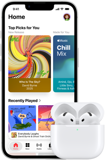 Smartfon z wyświetlaczem pokazującym aplikację muzyczną z różnymi albumami i playlistami. Przed telefonem znajduje się etui z bezprzewodowymi słuchawkami.