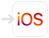 Ikona z białym tłem przedstawiająca napis \'iOS\' w kolorze pomarańczowym i czerwonym, z szarą strzałką skierowaną w lewo.