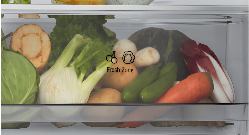 Wnętrze lodówki z szufladą wypełnioną różnymi warzywami, takimi jak marchewki, ogórki, sałata i kapusta. Na szufladzie widoczny jest napis \'Fresh Zone\' z dwoma ikonami.