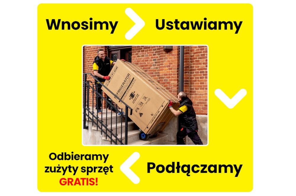 Dwóch mężczyzn wnosi karton z lodówką po schodach. Na żółtym tle widnieją napisy: \'Wnosimy\', \'Ustawiamy\', \'Podłączamy\', \'Odbieramy zużyty sprzęt GRATIS!\'.