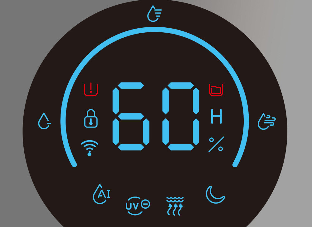 Wyświetlacz elektroniczny pokazuje wartość \'60 H %\' w kolorze niebieskim, otoczony ikonami symbolizującymi różne funkcje, w tym blokadę, Wi-Fi, AI, UV, parę i tryb nocny. Dwie ikony są w kolorze czerwonym, wskazując na ostrzeżenia lub alerty.