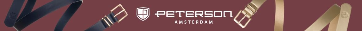 Na bordowym tle widoczne są trzy paski z klamrami oraz logo \'PETERSON AMSTERDAM\'.