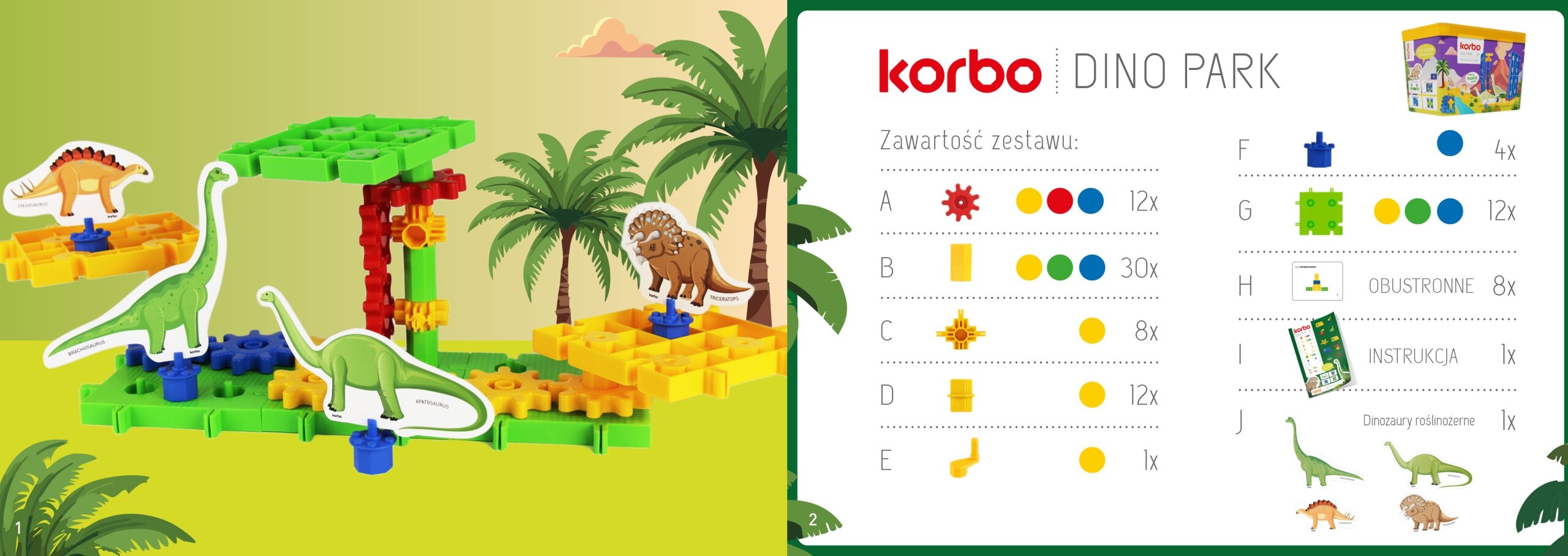 Obraz przedstawia zestaw klocków z motywem dinozaurów, z widocznymi elementami konstrukcyjnymi i figurkami dinozaurów na tle palm. Po prawej stronie znajduje się lista zawartości zestawu z opisem ilości poszczególnych elementów oraz logo \'korbo DINO PARK\'.