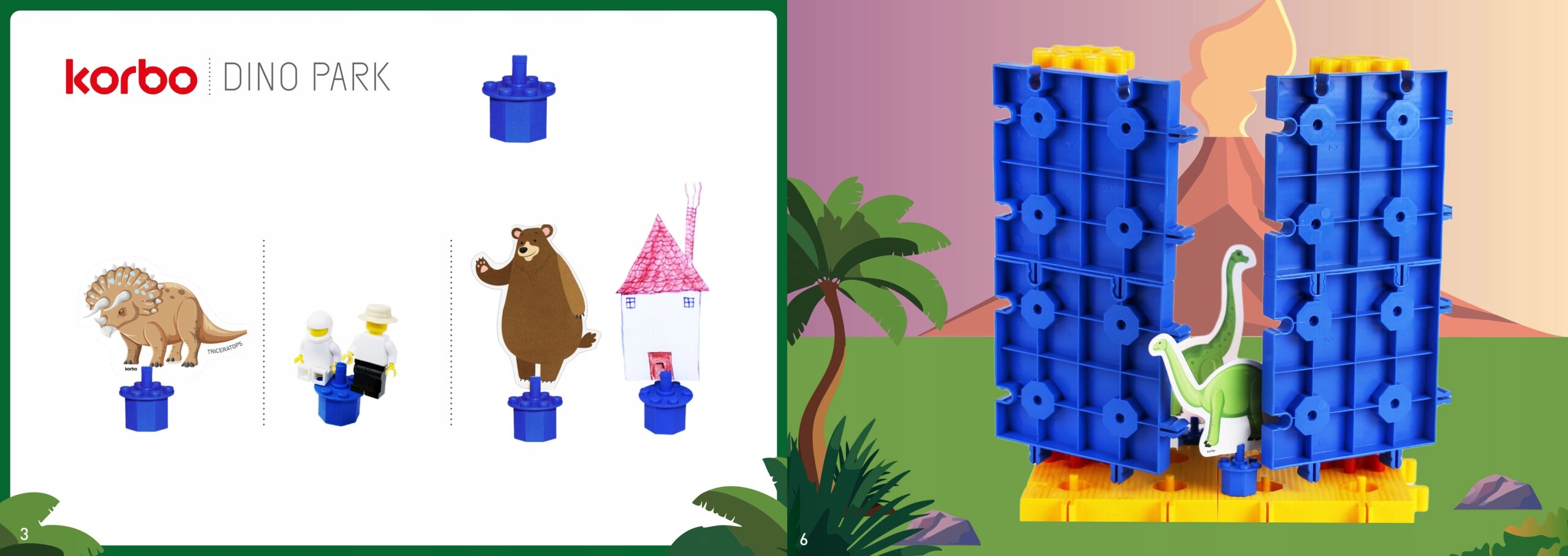Po lewej stronie widoczne są ilustracje zwierząt i postaci na niebieskich klockach oraz napis \'korbo DINO PARK\'. Po prawej stronie znajduje się konstrukcja z niebieskich i żółtych klocków z figurką dinozaura na tle krajobrazu z palmami i górami.