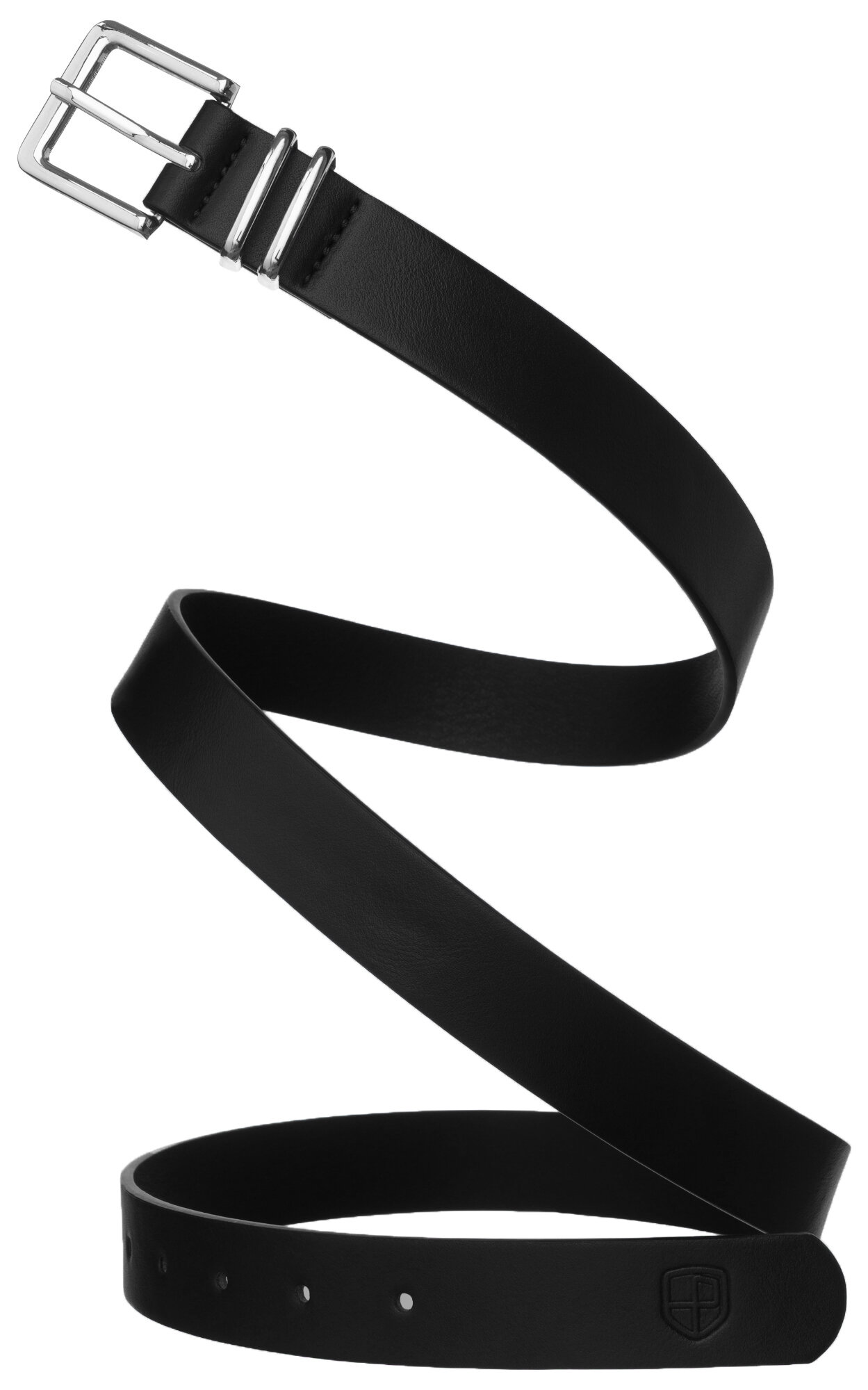 Czarny pasek wykonany z ekologicznej skóry z klasyczną metalową klamrą. Na końcu paska widoczne jest wytłoczone logo w kształcie tarczy.