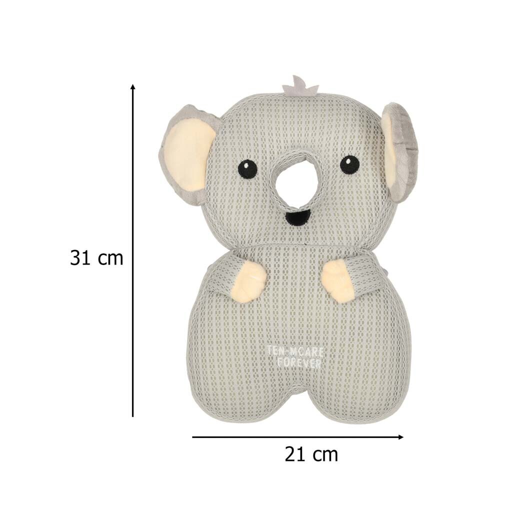 Na obrazku znajduje się szara poduszka w kształcie koali z otworem na środku, o wymiarach 31 cm na 21 cm. Na poduszce widoczny jest napis \'TENCARE FOREVER\'.