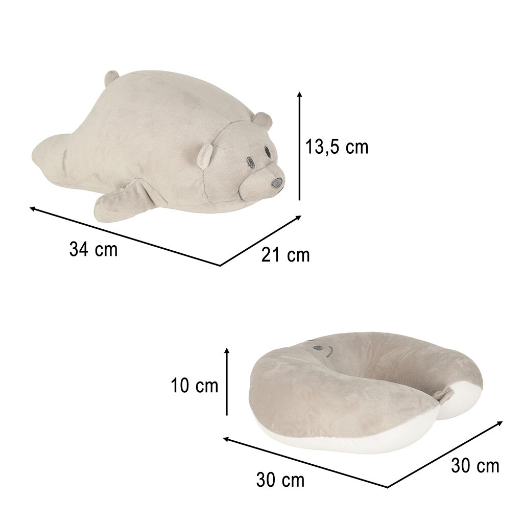 Obraz przedstawia dwie formy poduszki turystycznej: pluszowego misia o wymiarach 34 cm x 21 cm x 13,5 cm oraz poduszkę w kształcie rogala o wymiarach 30 cm x 30 cm x 10 cm.