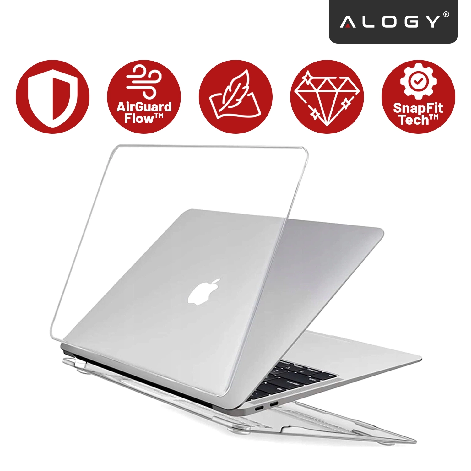 Na obrazie widoczny jest laptop z przezroczystym etui ochronnym, a w tle znajdują się cztery czerwone ikony z napisami: \'AirGuard Flow™\', \'SnapFit Tech™\' oraz logo \'ALOGY\'.