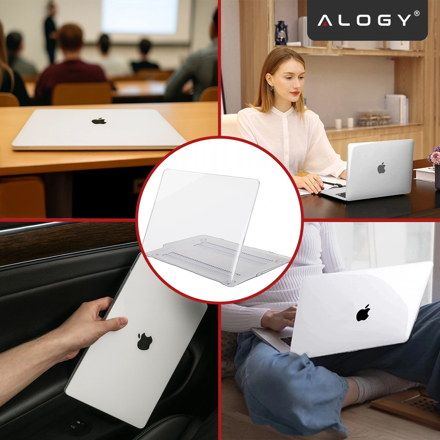Obraz przedstawia kilka ujęć laptopa z logo jabłka, w różnych sytuacjach użytkowania, z przezroczystym etui ochronnym. W prawym górnym rogu widoczne jest logo \'ALOGY\'.