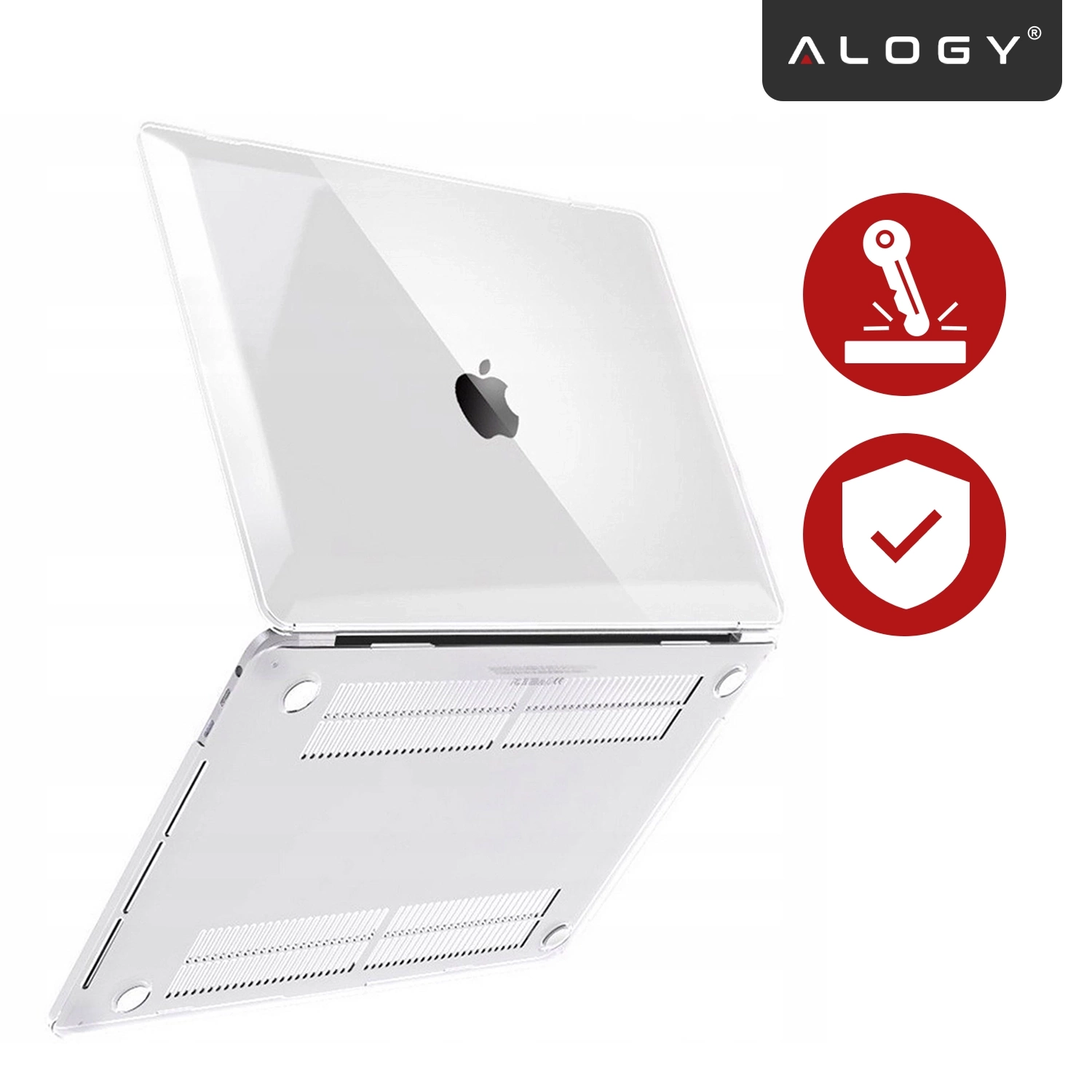 Na obrazie widoczne jest przezroczyste etui ochronne na laptopa z logo jabłka oraz dwa czerwone symbole: jeden przedstawiający dźwignię, a drugi tarczę z haczykiem. W prawym górnym rogu znajduje się logo \'ALOGY\'.