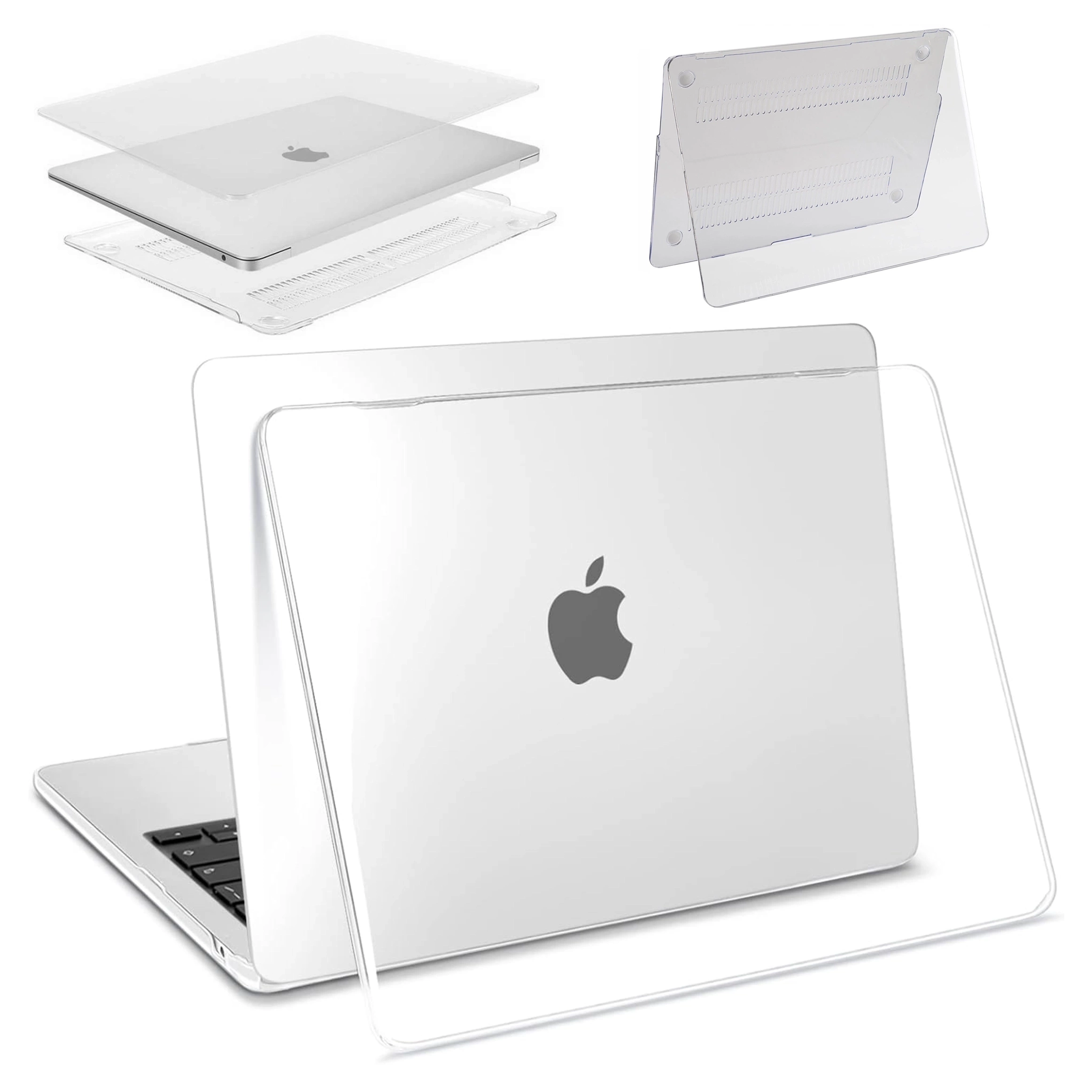 Na obrazie widoczne jest przezroczyste etui ochronne na laptopa z logo w kształcie nadgryzionego jabłka. Etui jest smukłe i matowe, przeznaczone do MacBooka.
