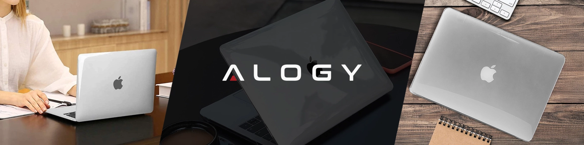 Obraz przedstawia trzy laptopy z widocznym logo Apple, z czego jeden jest w matowym, czarnym etui ochronnym. Na środku znajduje się napis \'ALOGY\'.