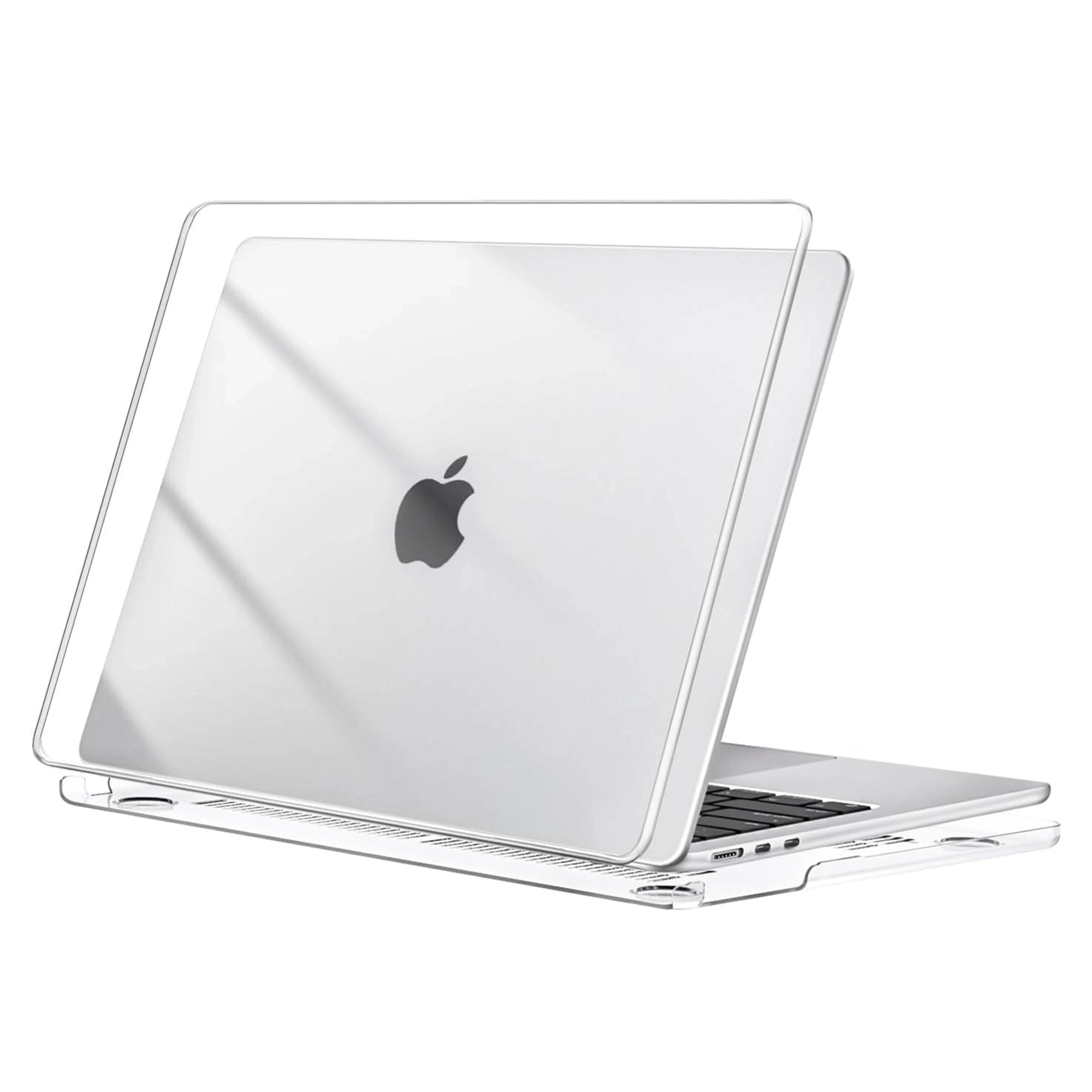 Na obrazie widoczny jest laptop z przezroczystym etui ochronnym. Na obudowie laptopa znajduje się logo w kształcie nadgryzionego jabłka.