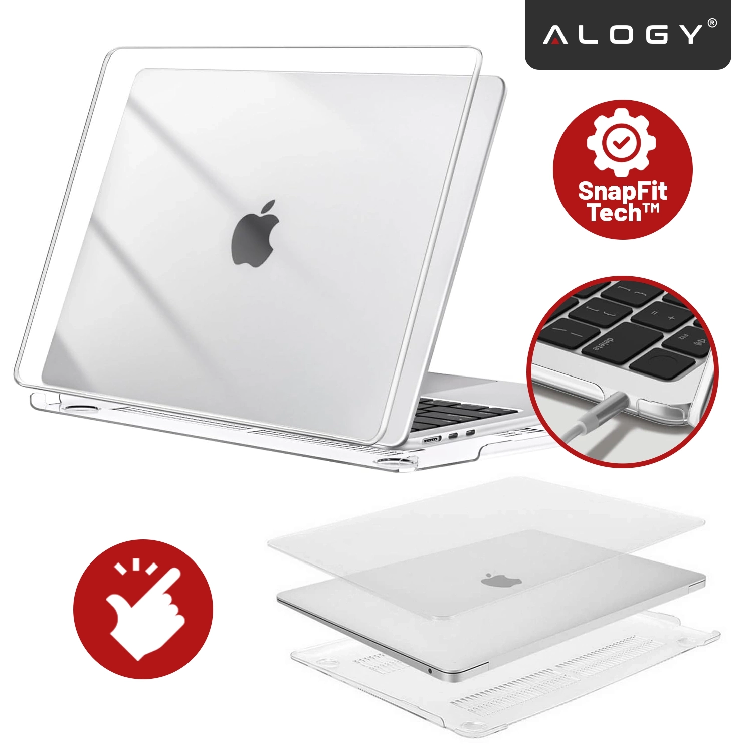 Obraz przedstawia przezroczyste etui ochronne na laptopa z logo Alogy w rogu. Widoczne są również ikony z napisami \'SnapFit Tech™\' oraz symbol dłoni wskazującej na kliknięcie.