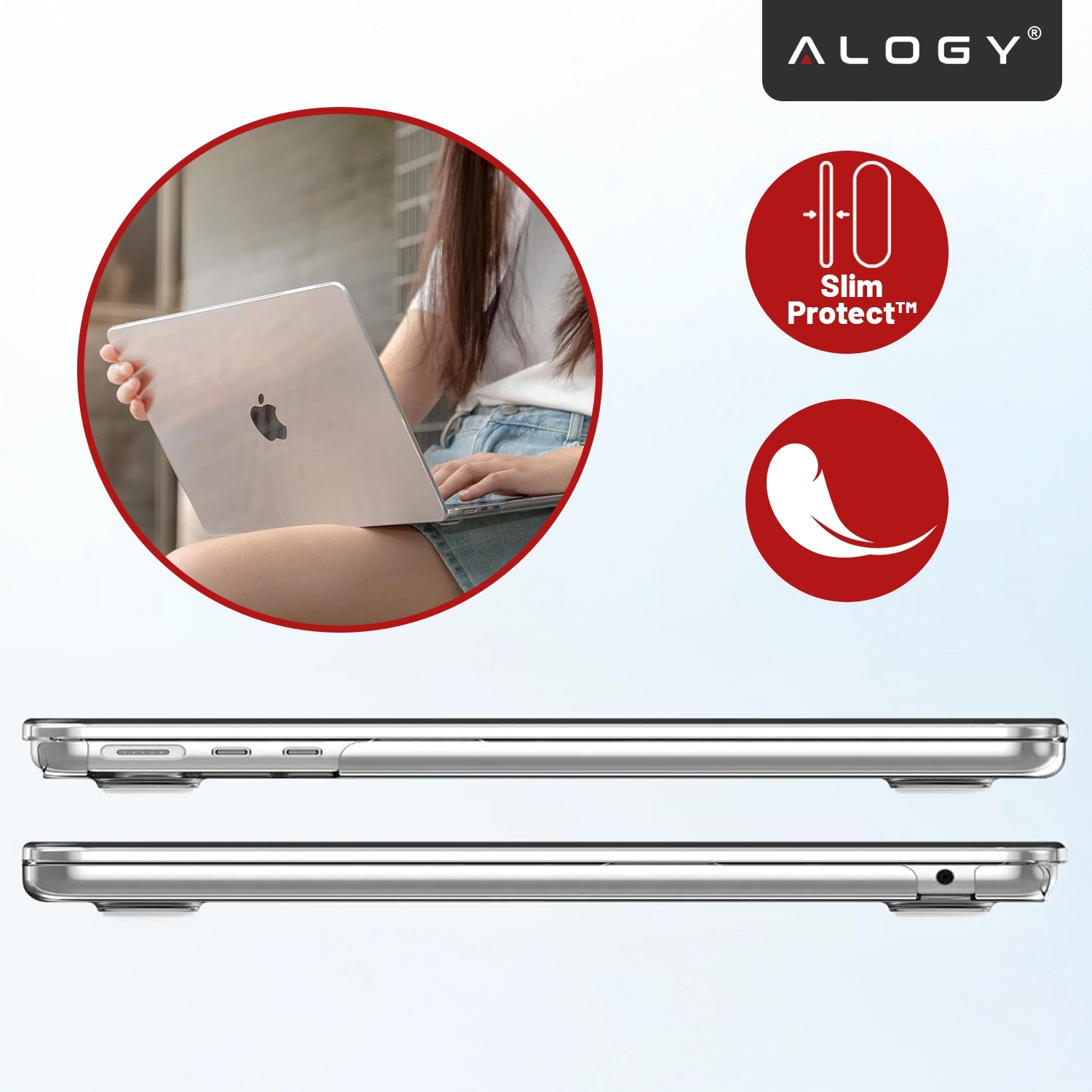 Obraz przedstawia osobę trzymającą laptopa z widocznym logo jabłka, a obok znajdują się dwa czerwone symbole z napisami \'Slim Protect™\'. Na górze widoczne jest logo \'ALOGY\'.