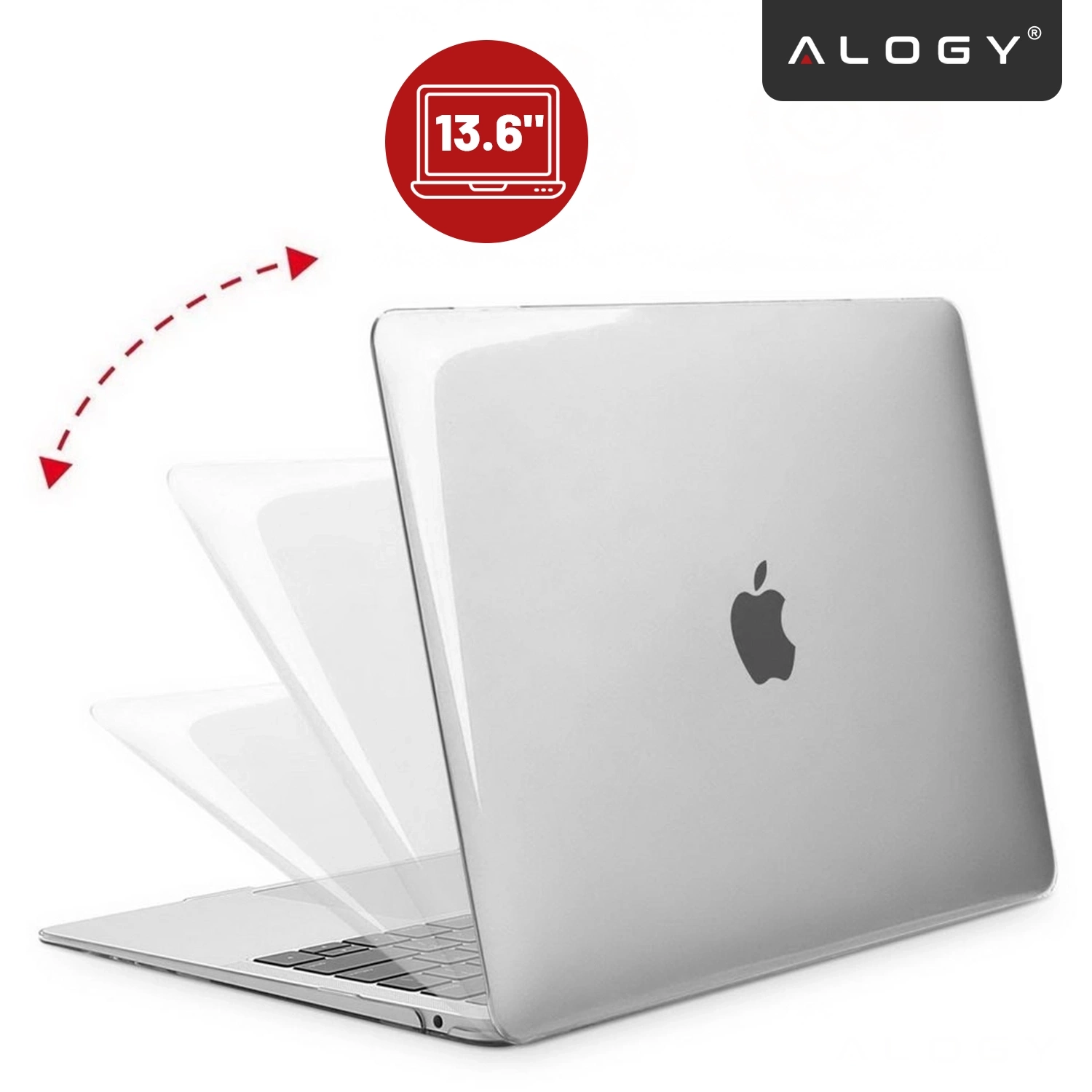 Na obrazie widoczny jest laptop z przezroczystym etui, a w tle znajduje się czerwone koło z ikoną laptopa i napisem \'13.6\