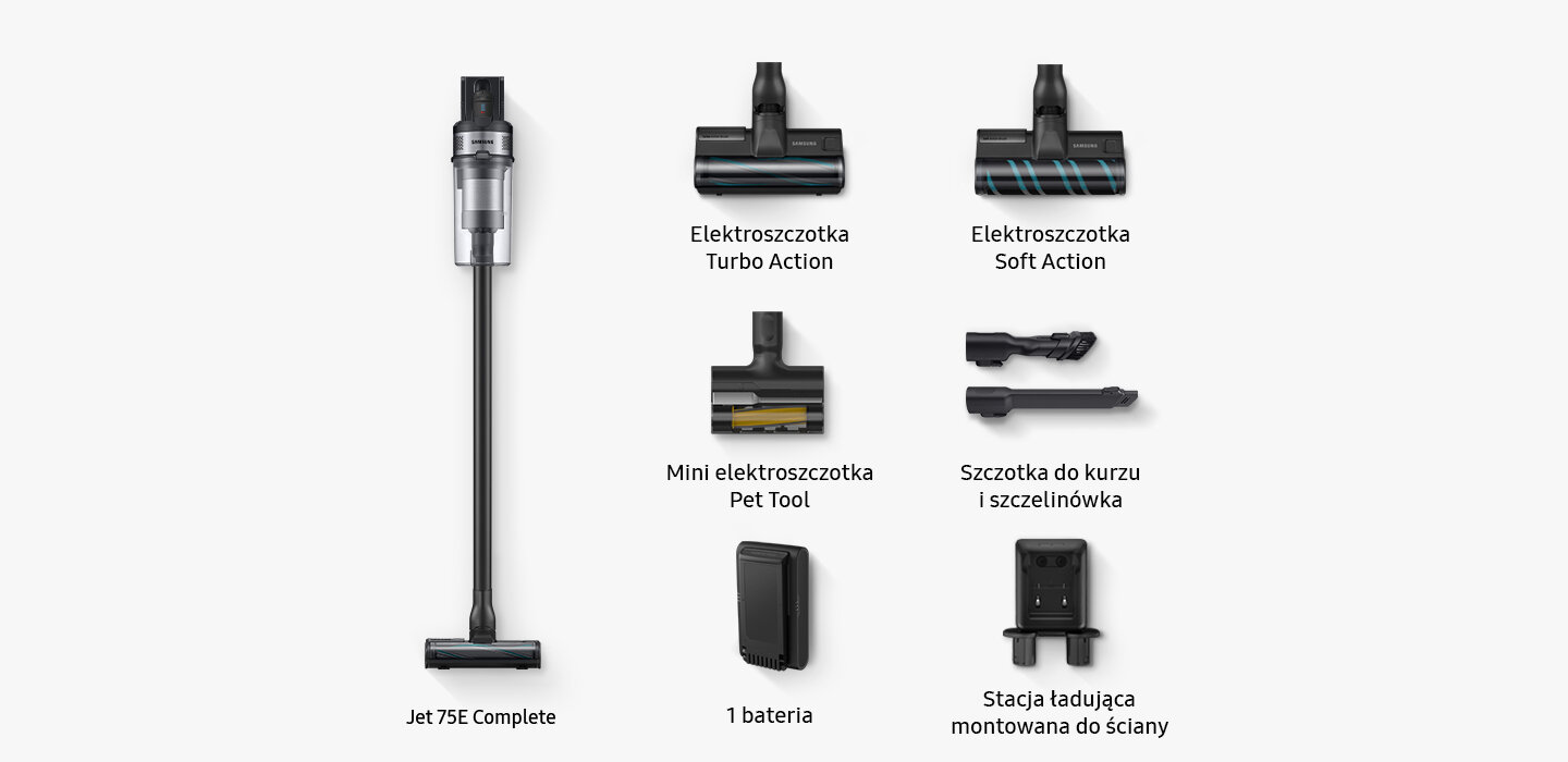 Zestaw akcesoriów dla odkurzacza Samsung VS20B75ACR5/GE Obraz przedstawia odkurzacz pionowy z różnymi akcesoriami, w tym elektroszczotki Turbo Action i Soft Action, mini elektroszczotkę Pet Tool, szczotkę do kurzu i szczelinówkę, jedną baterię oraz stację ładującą montowaną do ściany. Każdy element jest podpisany odpowiednim tekstem.