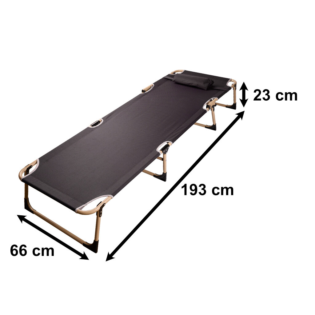 Na obrazie znajduje się składane łóżko turystyczne w kolorze czarnym z metalową ramą. Wymiary łóżka to 193 cm długości, 66 cm szerokości i 23 cm wysokości.