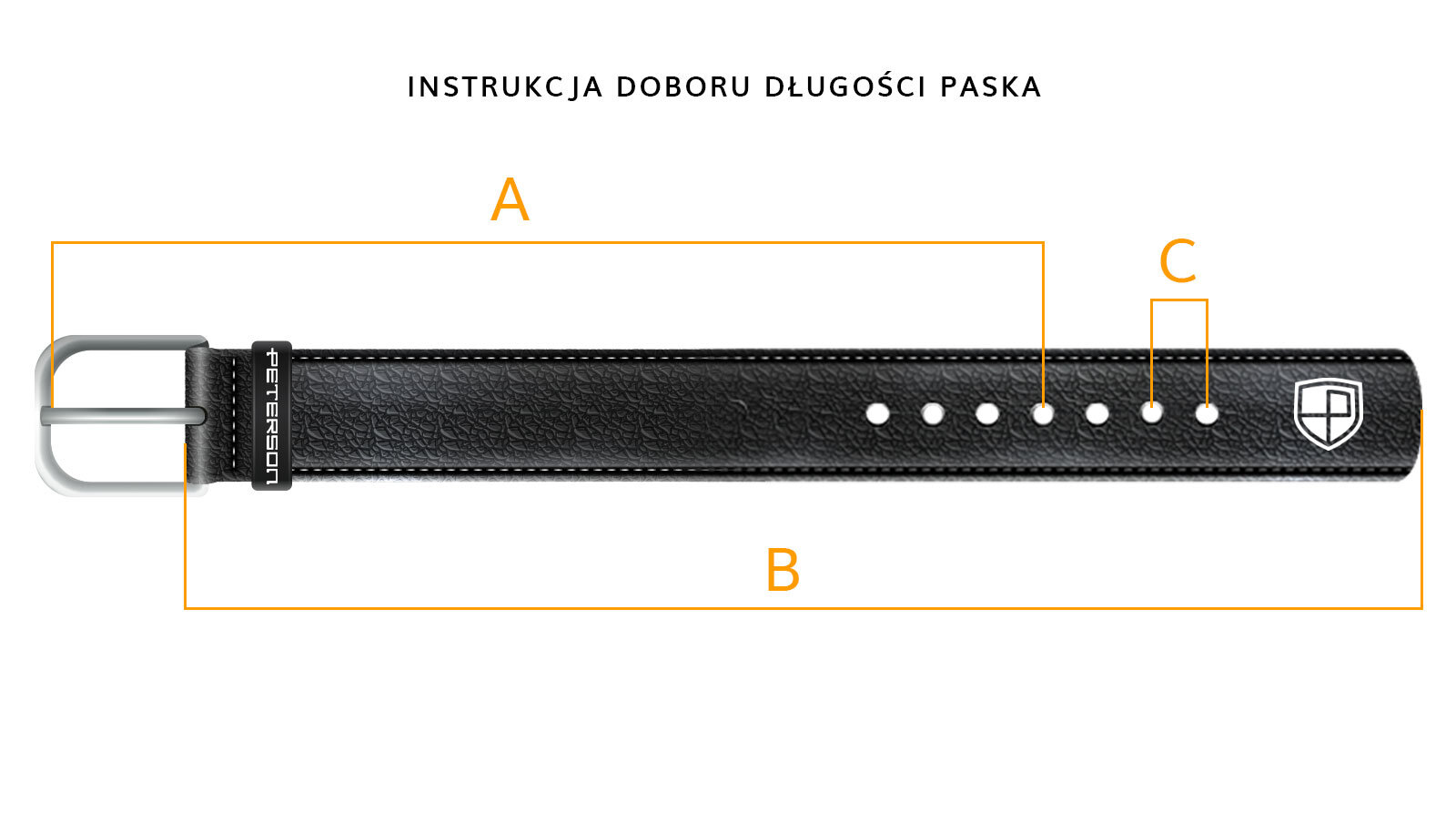 Czarny skórzany pasek z klasyczną klamrą, oznaczony literami A, B i C, z widocznymi otworami oraz logo PETERSON. Na górze napis: \'INSTRUKCJA DOBORU DŁUGOŚCI PASKA\'.