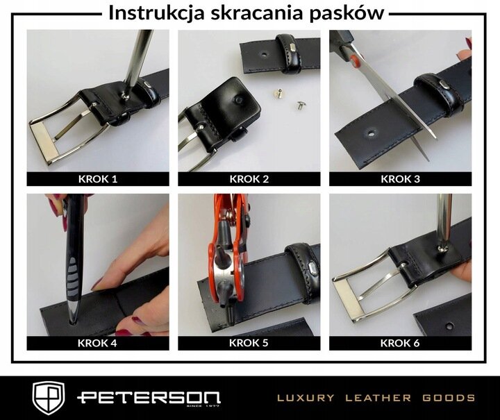 Instrukcja skracania pasków przedstawiona w sześciu krokach, pokazująca proces od odkręcenia klamry do ponownego zamocowania. Na dole widoczne jest logo PETERSON oraz napis \'LUXURY LEATHER GOODS\'.