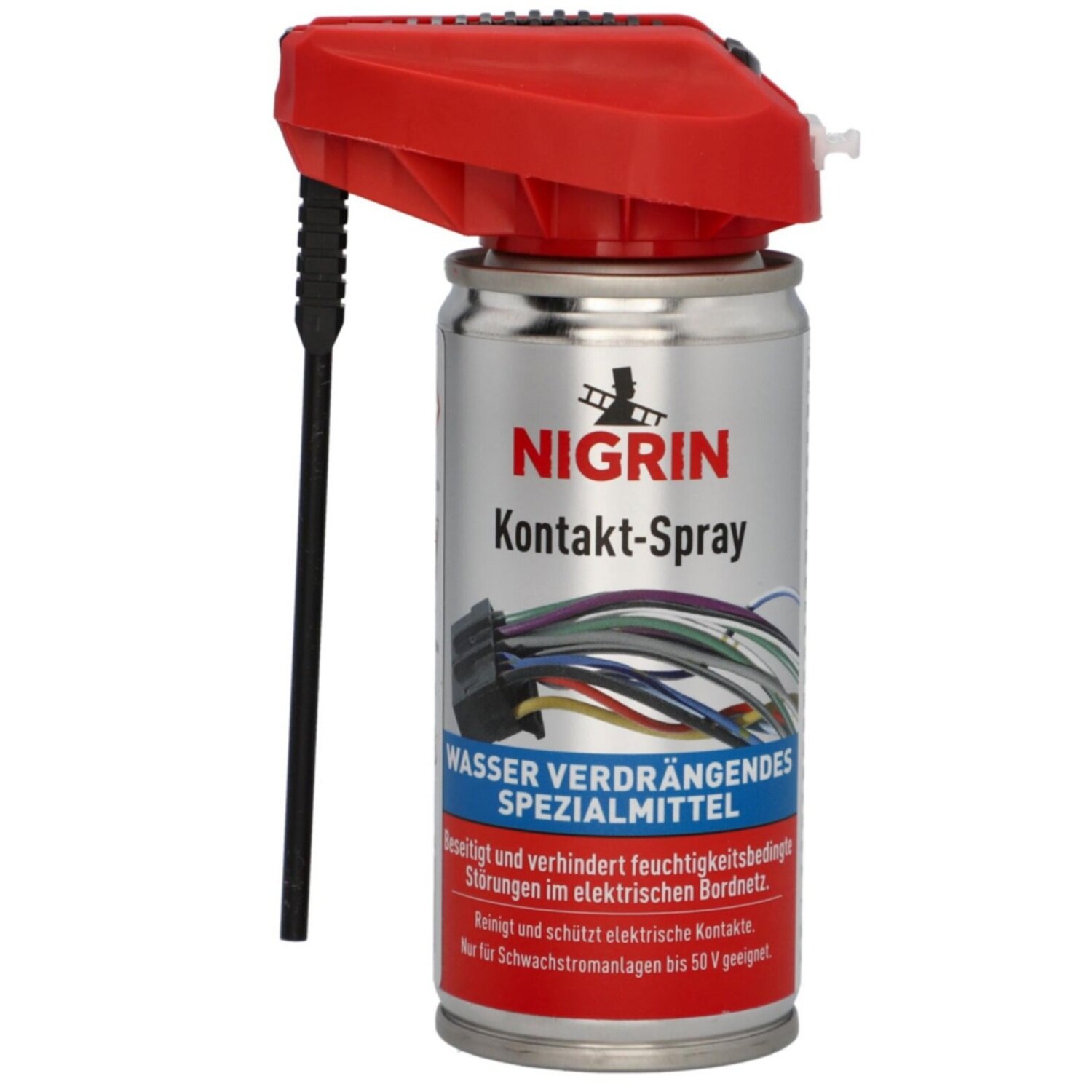 Metalowa puszka z czerwonym aplikatorem, oznaczona logo \'NIGRIN\' i napisem \'Kontakt-Spray\'. Na etykiecie widoczny jest tekst: \'WASSER VERDRÄNGENDES SPEZIALMITTEL\' oraz ilustracja przewodów elektrycznych.