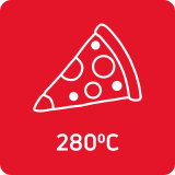 Czerwona ikona z białym symbolem pizzy i napisem \'280°C\'.