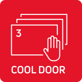 Czerwony kwadratowy znak z białą ikoną przedstawiającą trzy warstwy i dłoń oraz tekstem \'COOL DOOR\'.