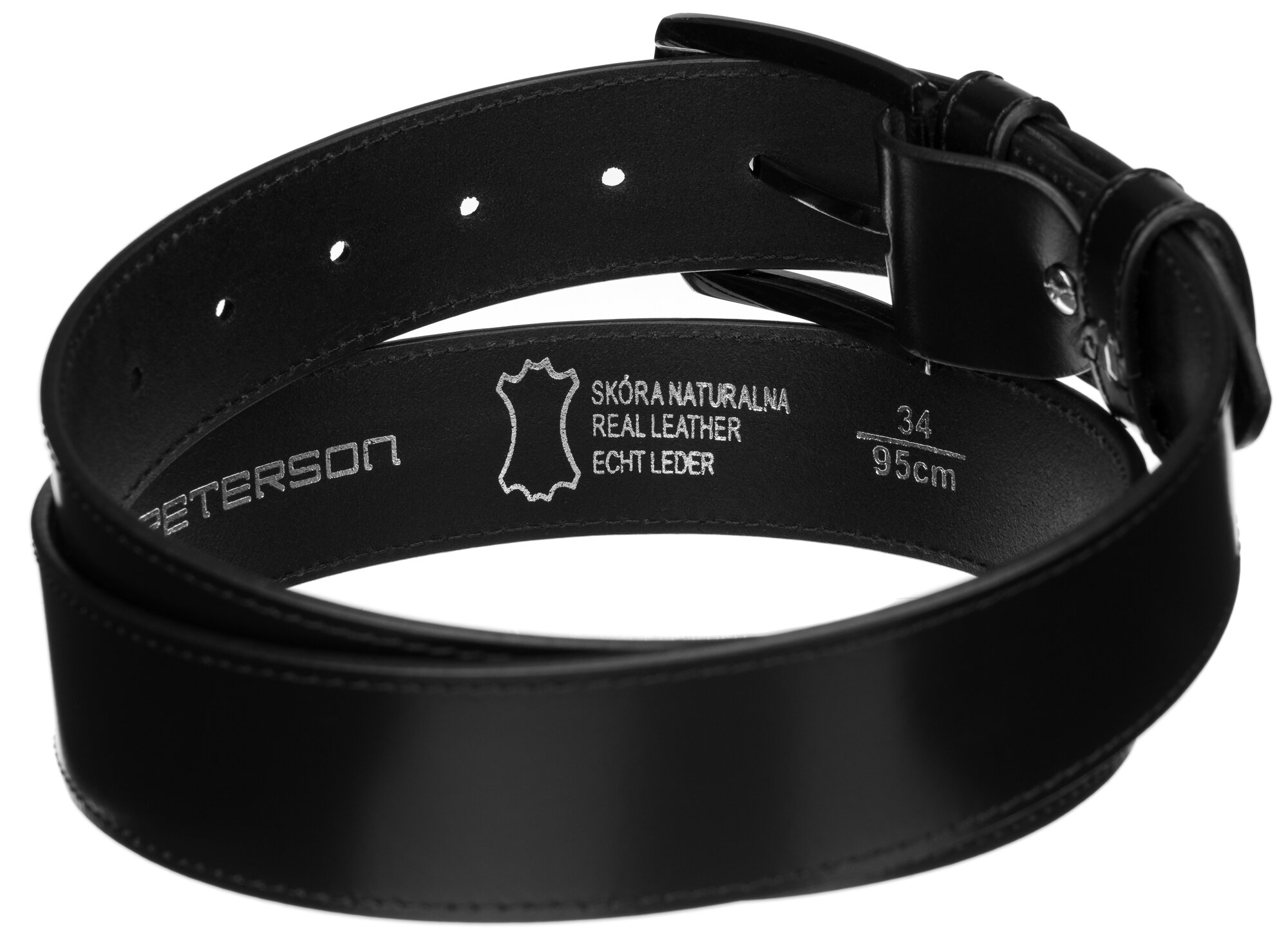Czarny skórzany pasek z klasyczną klamrą, na którym widnieje napis \'PETERSON\' oraz oznaczenie \'SKÓRA NATURALNA REAL LEATHER ECHT LEDER 34 95cm\'.