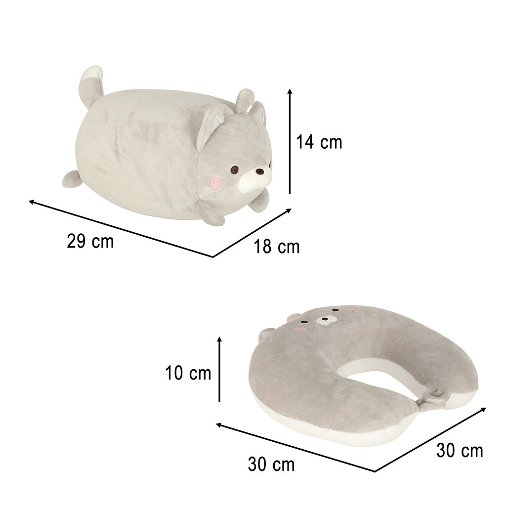 Na obrazie widoczna jest szara poduszka w kształcie zwierzęcia z uszami i ogonem, z wymiarami 29 cm x 18 cm x 14 cm. Obok znajduje się poduszka w kształcie rogala z wymiarami 30 cm x 30 cm x 10 cm.