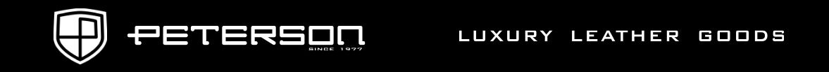 Czarne tło z białym logo i napisem \'PETERSON\' oraz \'LUXURY LEATHER GOODS\'.