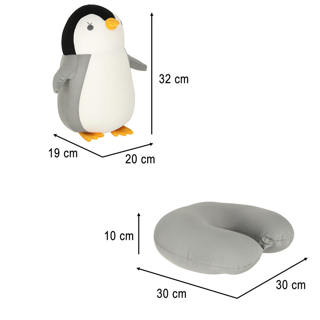 Obraz przedstawia pluszowego pingwina o wymiarach 32 cm wysokości, 19 cm szerokości i 20 cm głębokości oraz szarą poduszkę podróżną w kształcie rogala o wymiarach 30 cm na 30 cm i wysokości 10 cm.