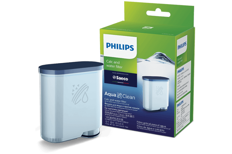 Na obrazie widoczny jest filtr wody z logo PHILIPS oraz opakowanie z napisem \'Calc and water filter Aqua Clean\'.